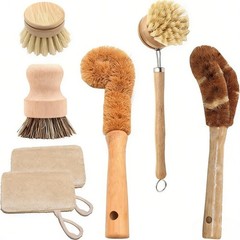7 Piece Wooden Dish Brush Natural, Brush Kitchen Set Dish Cleaning Brush Pot …