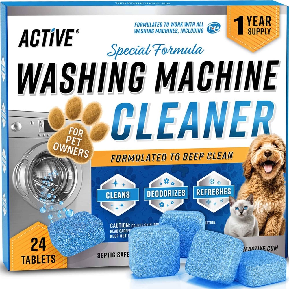 Enzymatic Washing Machine Cleaner for Pet Hair, Odor & Urine – 24 Septic-Safe Ta