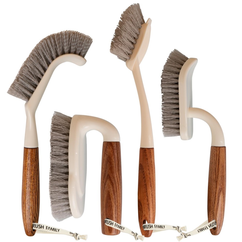 4 PCS Heavy Duty Scrub Brushes Set Wooden Handle Triangle Square Floor Tile