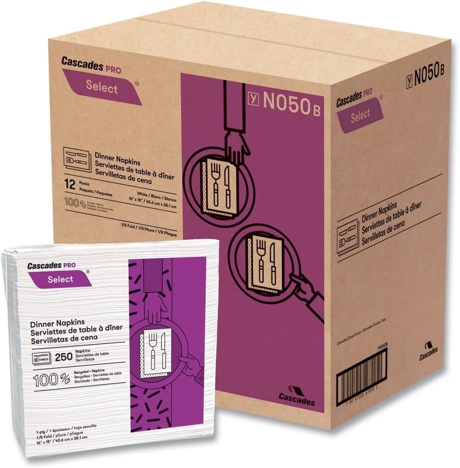 Cascades PRO N050 15.5 x 16 1-Ply Select Dinner Napkins – White (12/Carton)