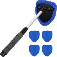 Microfiber Car Glass Cleaning Tool with Extendable Handle, 4 Reusable Pads, Blue