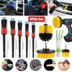 9PC Drill Brush Cleaner Attachment Set Power Scrubber Car Tile Good Wood Handle