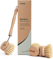 Bamboo Dish Brush with 3 Replacement Heads, Plastic-Free Kitchen Scrub Brush for