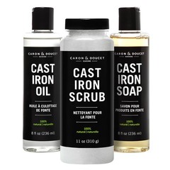 CARON & DOUCET Ultimate Cast Iron Set Seasoning Oil, Cleaning Soap & Restori…