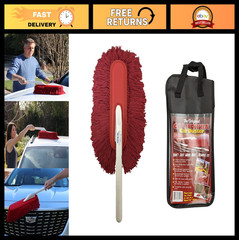 “Car Duster with Plastic Handle & Red Cotton Mop – Quickly Removes Dust & Dirt”