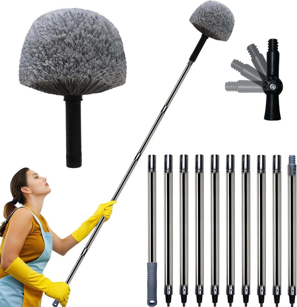 20 Ft+ High Reach Grey Cobweb Duster with 3-14 Ft Extension Pole, Webster Cobweb