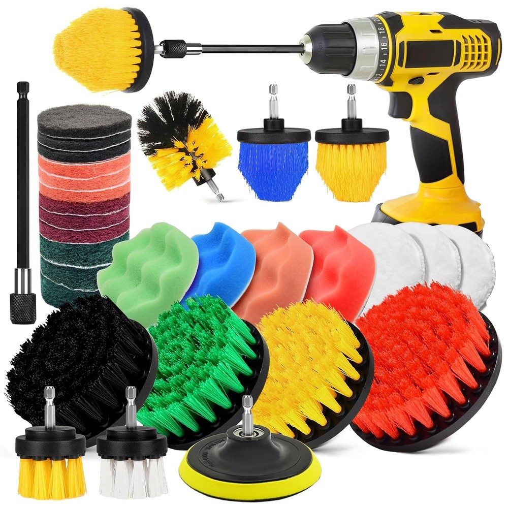 Drill Brush Attachment Set, Drill Scrubber Brush Kit, Drill Brush Pads, 30Pcs
