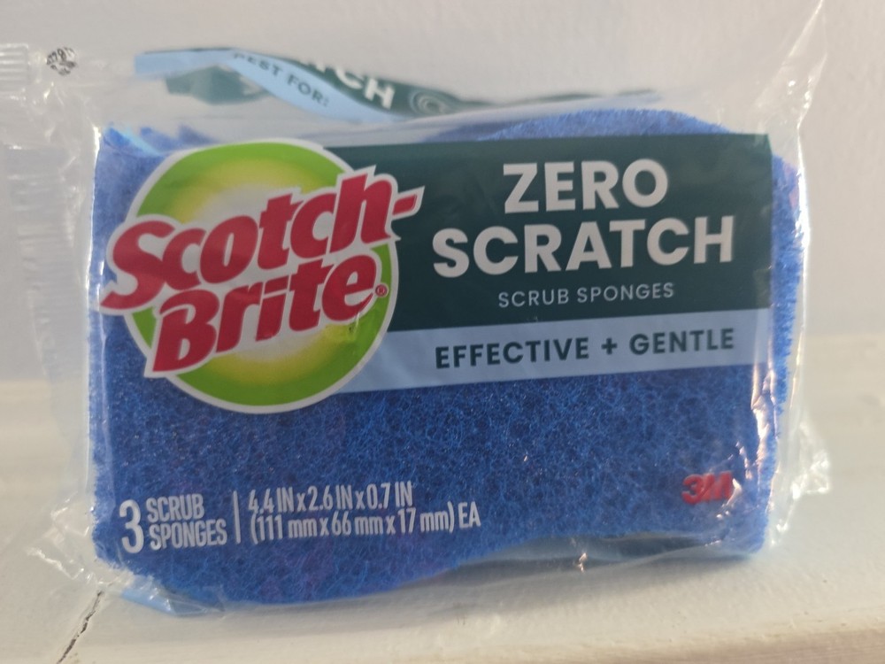 3M Scotch Brite ZERO SCRATCH Blue Scrub Sponge S-Shaped Grip 3 PACK – NEW