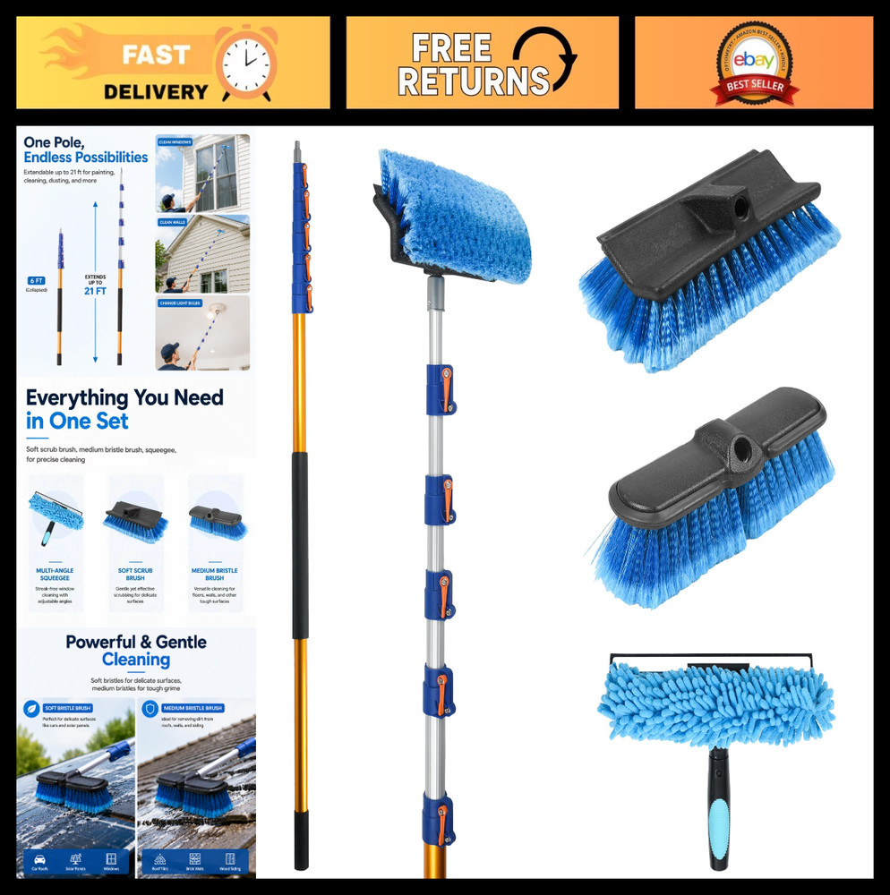 28FT Exterior Cleaning Brush Set with Telescoping Pole, Soft Car Wash Brush & Sq