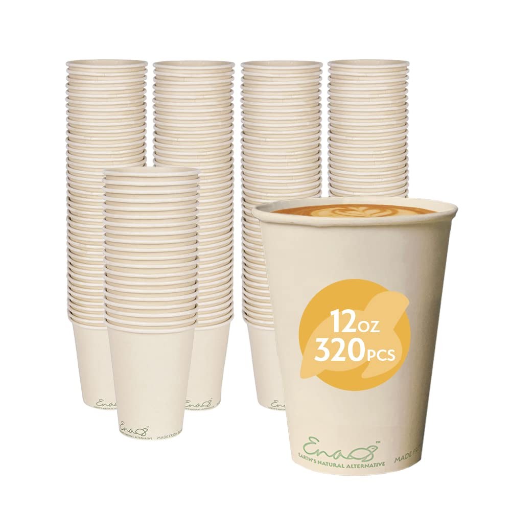 100% Compostable Disposable Coffee Cups [12oz 320 Pack] Paper Cups Made from