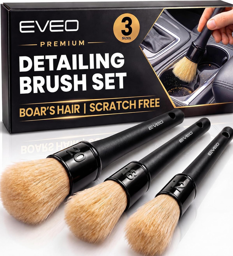 Car Detailing Brush Set Natural Boars Hair 3 Pack Interior, Car Cleaning Tools