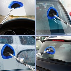 Microfiber Car Glass Cleaning Tool with Extendable Handle, 4 Reusable Pads, Blue