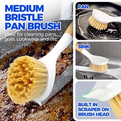 3 Pack Dish Brush Set with Bamboo Handle, Kitchen Brushes for Cleaning