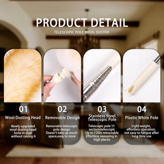 Extendable Lambswool Duster Stainless Steel Handle 133″ Removable Feather Duster