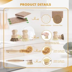 6-Piece Bamboo Dish Brush Set – Natural Coconut Sponge, Sisal & Palm Fiber Scrub