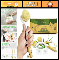 Eco-Friendly Bamboo Dish Brush Set – 2 Non-Scratch Kitchen Scrub Brushes w/Handl