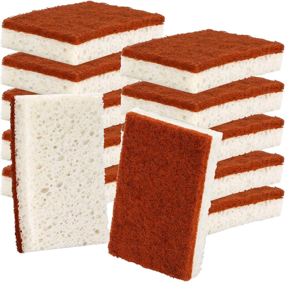 Natural Plant Based Scrub Sponge 12 Pack, Palm Fiber Scrubbing Sponge with Non