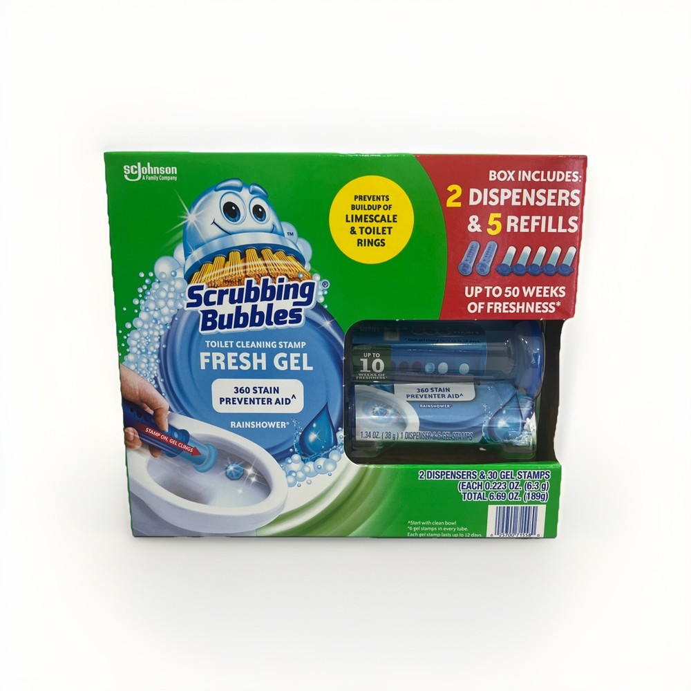 Scrubbing Bubbles Toilet Gel Stamp Rainshower 2 Dispensers + 30 Refills New Box