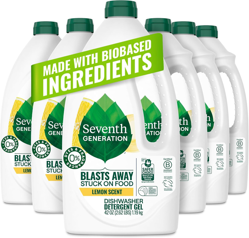 Seventh Generation Lemon Dishwasher Detergent Gel, 42 Oz, 6 Pack, Plant-Powered