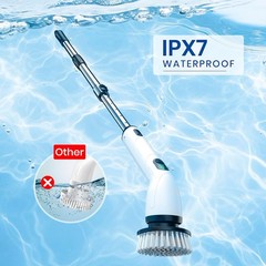 Electric rotating cleaning brush, IPX7 waterproof rating, extended handle.