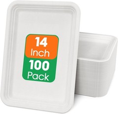 ECOLipak 100 Pack 14 Inch Disposable Food Crawfish Trays, Compostable Large Pa