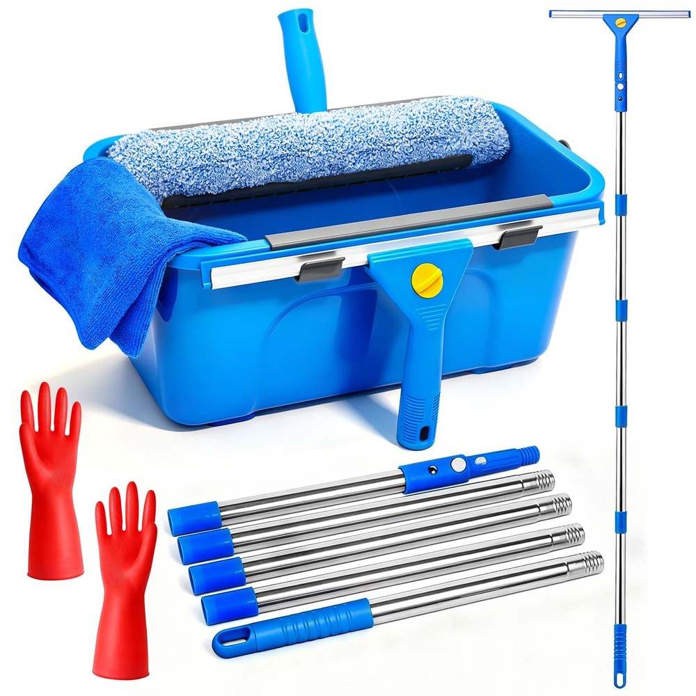 Window Cleaning Kit with 3 Gal Bucket – 14” Window Squeegee&15” Scrubber&76…