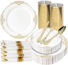 350PCS Gold and White Plastic Plates, Gold Plastic Dinnerware Sets for 50 Gues
