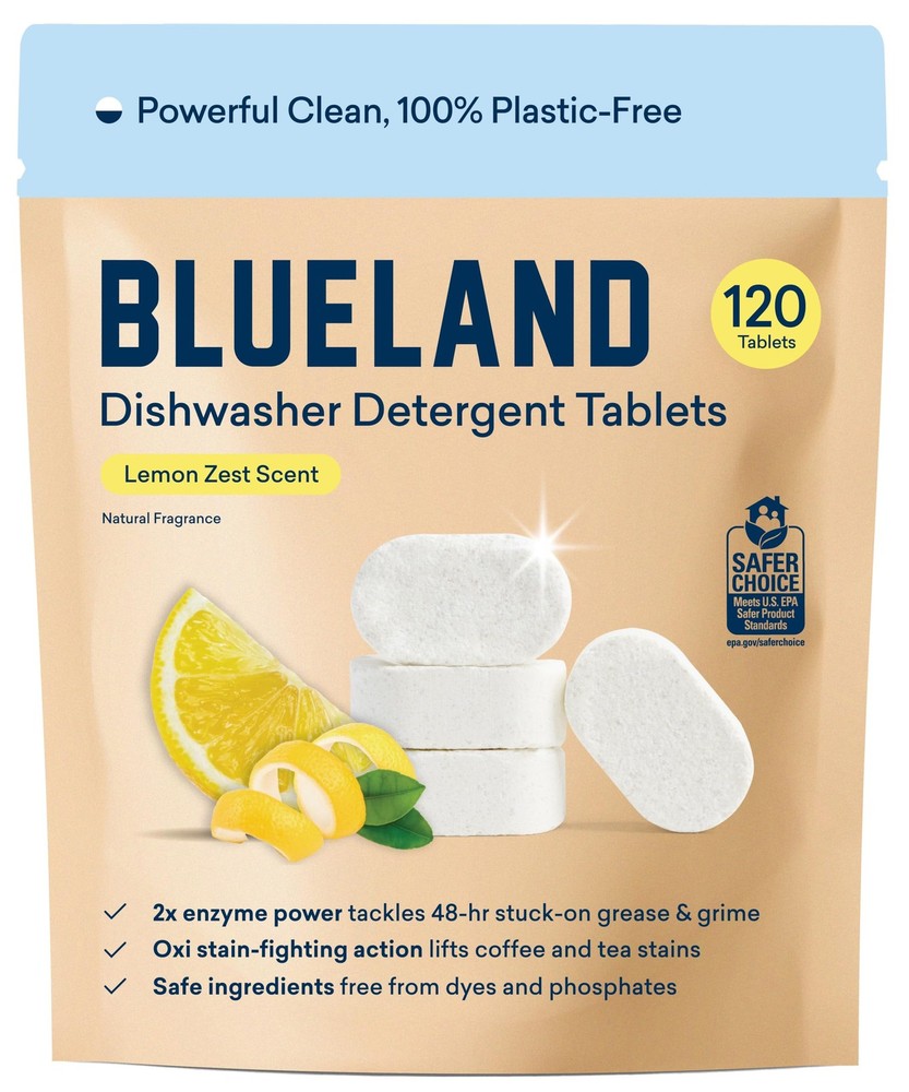 BLUELAND 100 Plastic-Free Dishwasher Detergent Tablets, 120 Count, Lemon Zest…