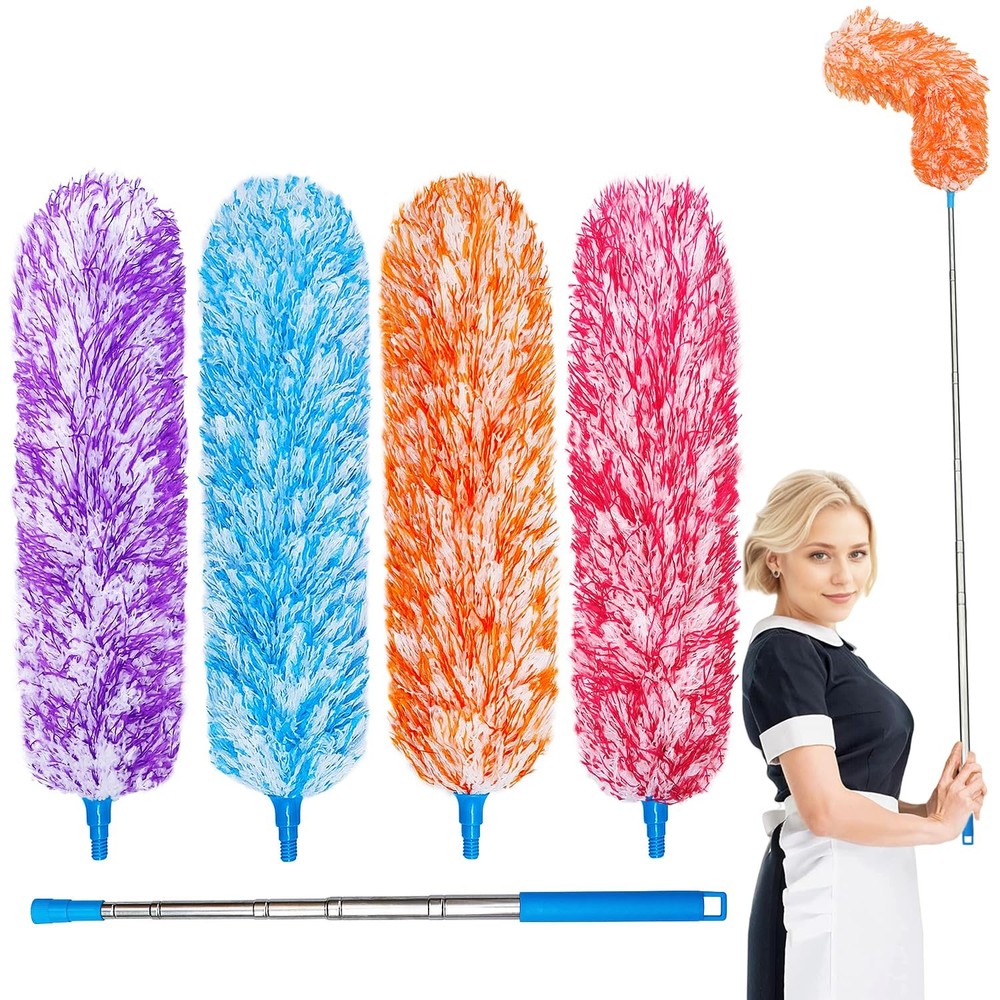 4 Pack Microfiber Feather Dusters, Up to 55 Inch Extension Pole, Cobweb Clean…