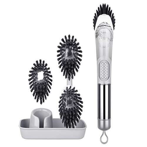 Soap Dispenser Dish Scrubber Brush for Dishes Pots Pans with 3 Replacement Heads