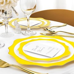 realluck 100 PCS White and Yellow Disposable Plates for 50 Guests, Scalloped P