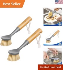 2-Pack Bamboo Dish Brushes with Built-in Scraper for Effortless Cleaning