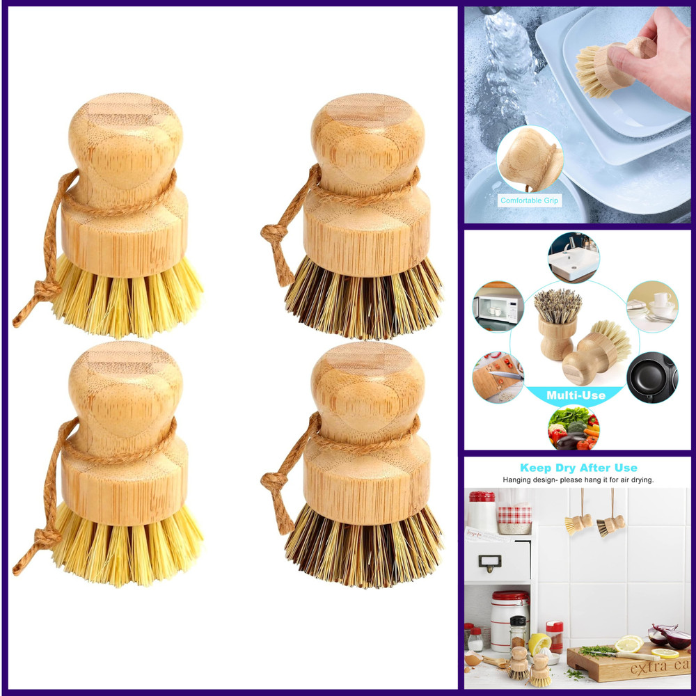 Bamboo Dish Brush Set, 4 Pcs Palm Wooden Dish Scrubber Washing Kitchen Brush