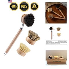 Bamboo Dish Brush with Handle, 1 Sturdy Wooden Handle with 3 Natural Bristle …