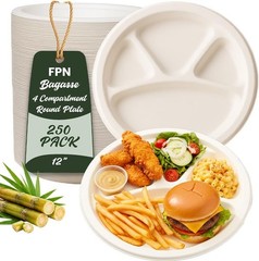 FPN Plates 4-Compartment 12 X 12 Inch 250 Pack Disposable Plates – Sugarcane F