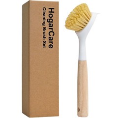 Dish Brush Wood Handle Builtin Scraper Scrub Pans Pots Sink Stove Yellow Tool