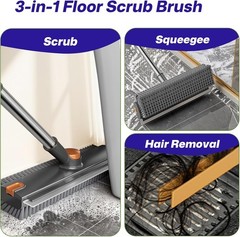 3-in-1 Floor Scrub Brush with Long Handle, Scrape and Heavy-Duty Stiff Bristle