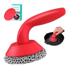 HAUSHOF Cast Iron Scrubber with Long Handle Kitchen Cleaning Kit for Grill Oven