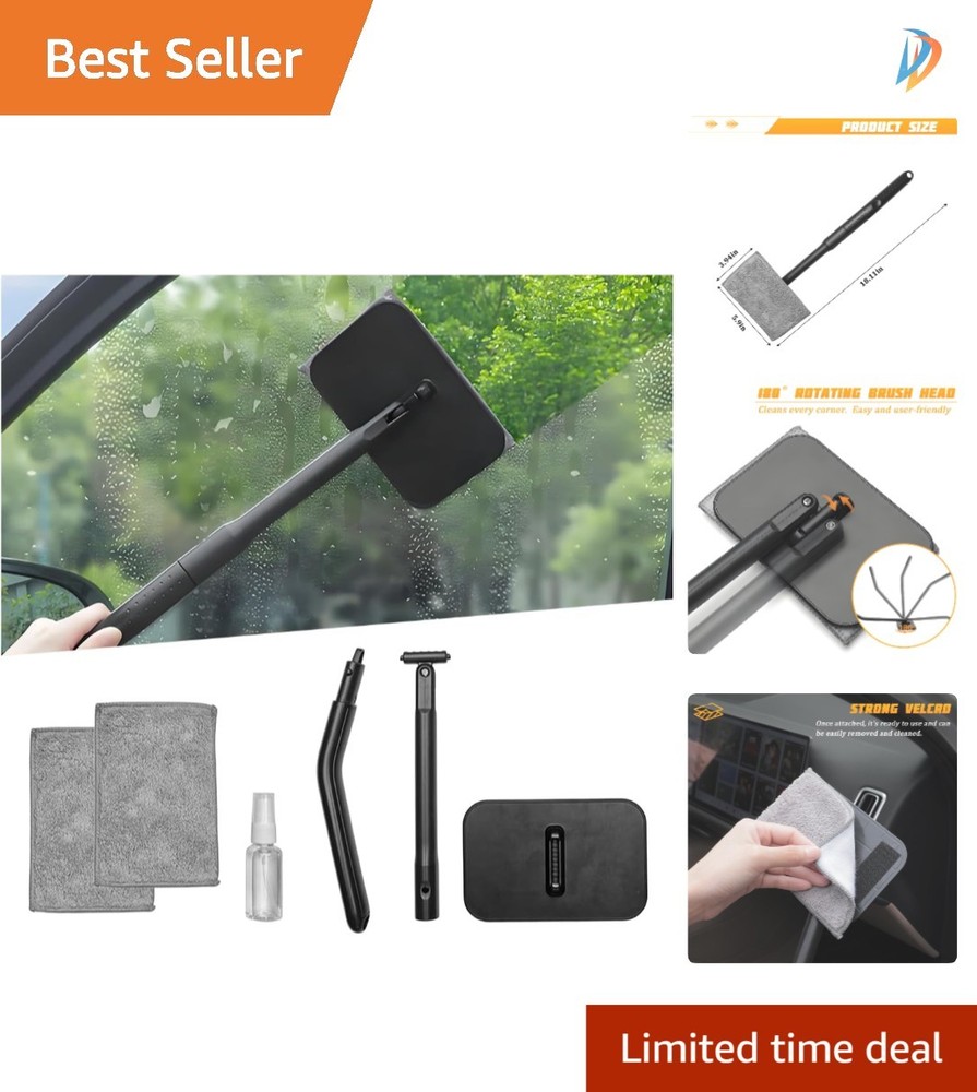 Effortless Vehicle Window Cleaner with Extendable Handle & 2 Microfiber Pads