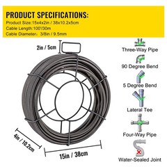 Drain Cleaning Cable 100 FT x 3/ 8 Inch, Solid Core Steel Sewer Cable with 4