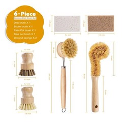 6 Piece Bamboo Dish Brush Set with Coconut Sponge – Wooden Dish Brush with Si…