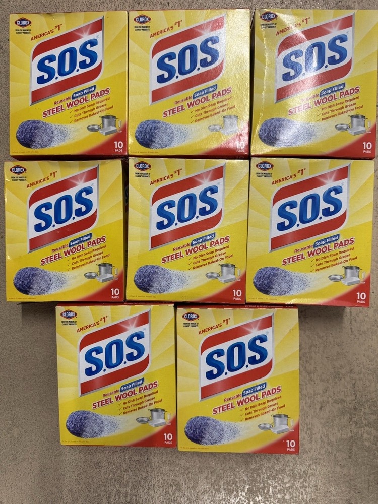8 Box Lot SOS Reusable Soap Filled Steel Wool Soap Pads 10 Count Box 80 Total