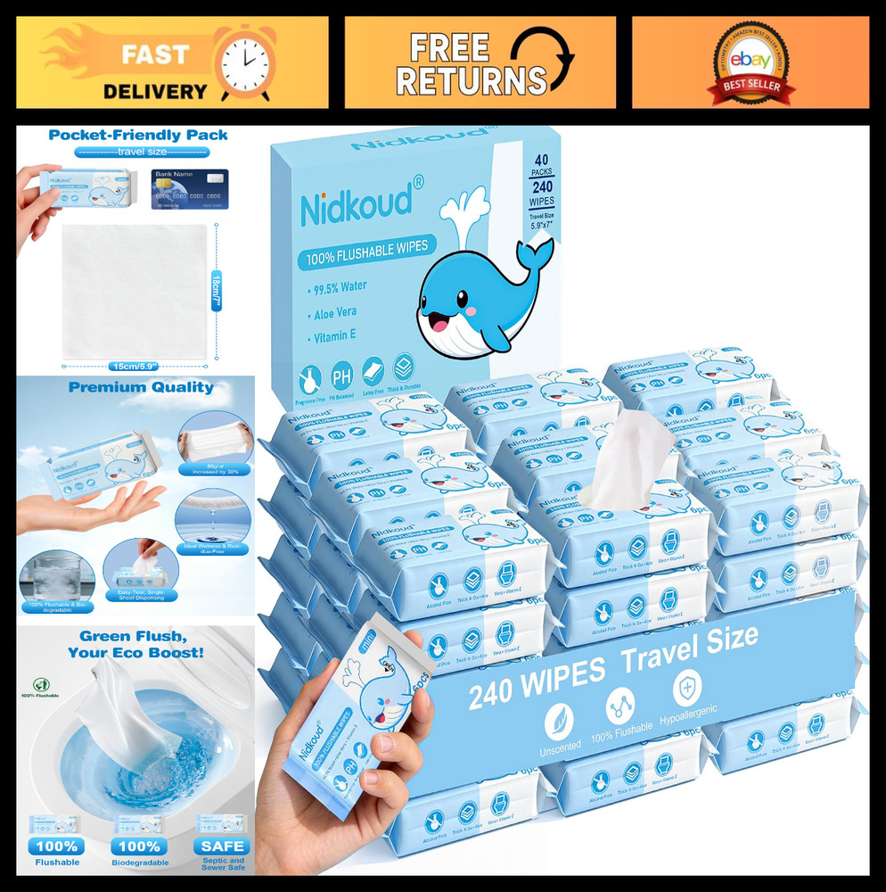 Flushable Travel Wipes 40 Pack (240 Total) – Aloe Vera, Unscented, Sensitive Ski
