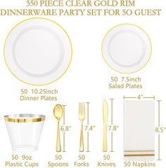 SUT 350Pcs Plastic Dinnerware Set for 50 Guests, Clear and Gold Plastic Plates