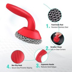 HAUSHOF Cast Iron Scrubber Chainmail Scrubber Cast Iron Cleaner with Long Handle