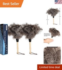 Ostrich Feather Duster 2pcs Natural Feathers with Wooden Handle for Cleaning