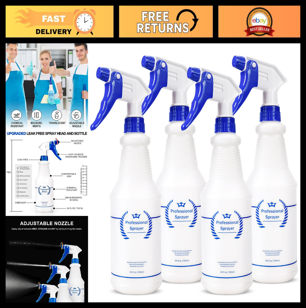 4 Pack 24 Oz Plastic Spray Bottles – All-Purpose Leak Proof Sprayers with Adjust