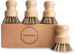 Bamboo Dish Brush Set,4 Pack Kitchen Palm Pot Brush with Union Fiber, Natural Ba
