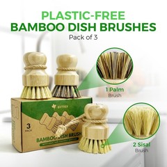 Bamboo Dish Brush Set of 3-100% Plastic Free Kitchen Scrubber with Medium Stiff
