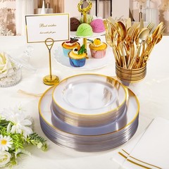 SUT 350Pcs Plastic Dinnerware Set for 50 Guests, Clear and Gold Plastic Plates